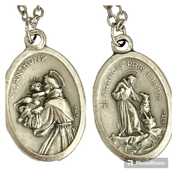 Vintage Saint Anthony Francis Medal Pendant Necklace Italy 24" Stainless Chain - Picture 1 of 15